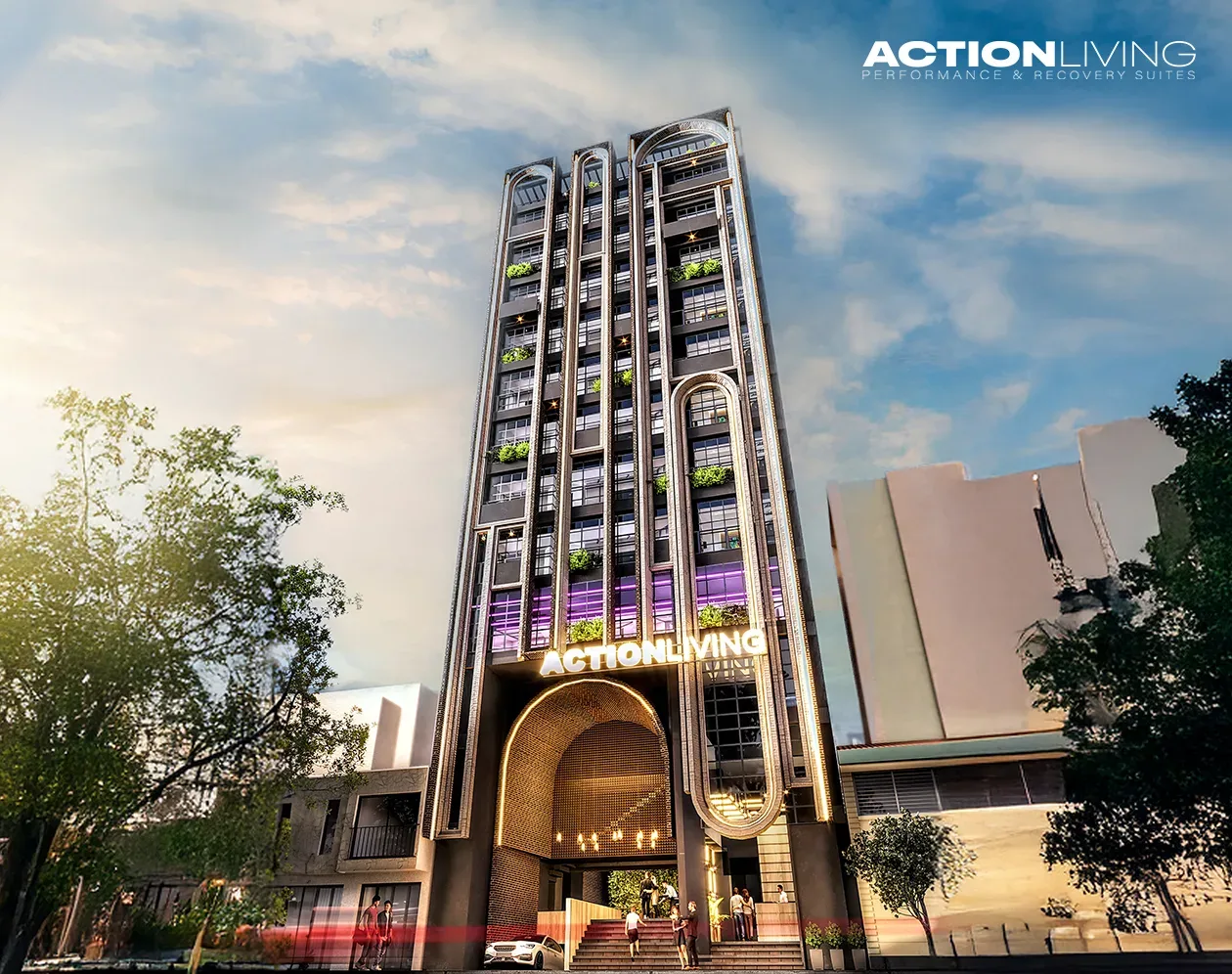 Render: torre de Action Living con arcos verticales y el letrero sobre la entrada
