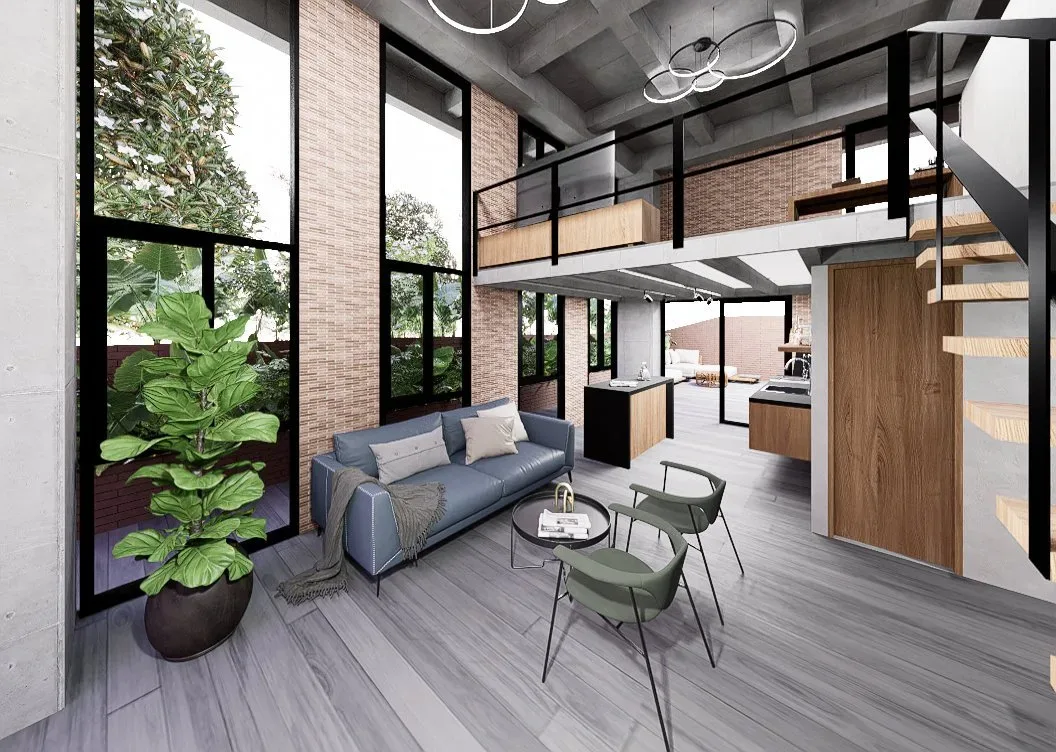 Render: dúplex con doble altura, sala, escalera y mezanine